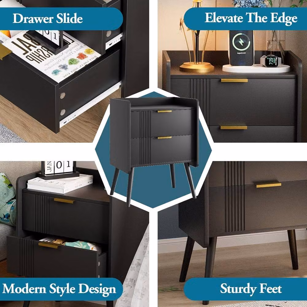 Huhote Black Bedside Table Cabinet with 2 Drawers and Wooden Legs – 6
