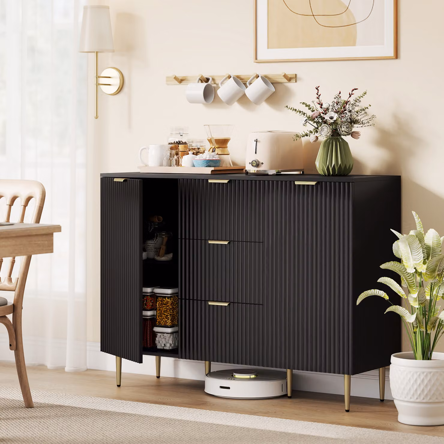 HOMCOM Modern 2-Door Sideboard with 3 Drawers and Adjustable Shelves in Black and Gold – 2