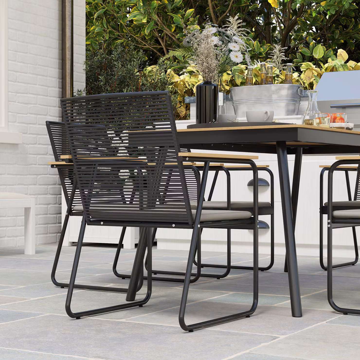 Outsunny 6 Seater Garden Dining Set in Brown with Rattan Backrests and Rectangular Composite Table – 7