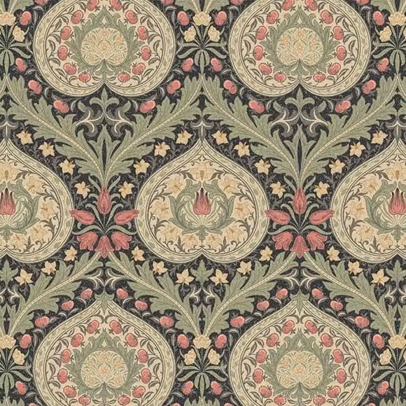William Morris Eden Digitally Printed Floral Cotton Fabric in Midnight Green and Multicolour