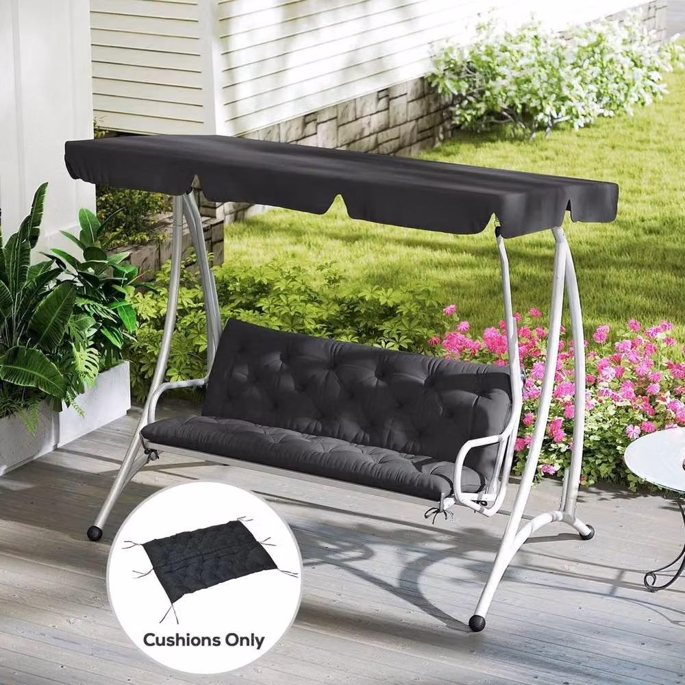 VOGREX 3 Seater Outdoor Garden Bench Cushion Seat Pad with Ties, Black – 3