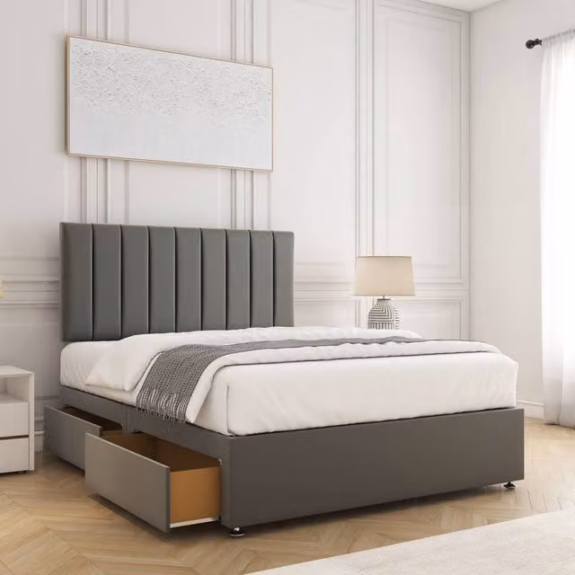BSSPOKE Aria Velvet Divan Bed with 24 inch Headboard, 2 Drawers, Footend and Mattress in Grey, Size: Double (W/D/H: 140 x 200 cm)