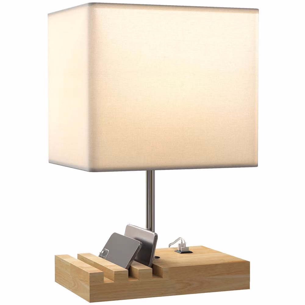 HOMCOM Modern White Table Lamp with Solid Wood Base and Fabric Shade – 2