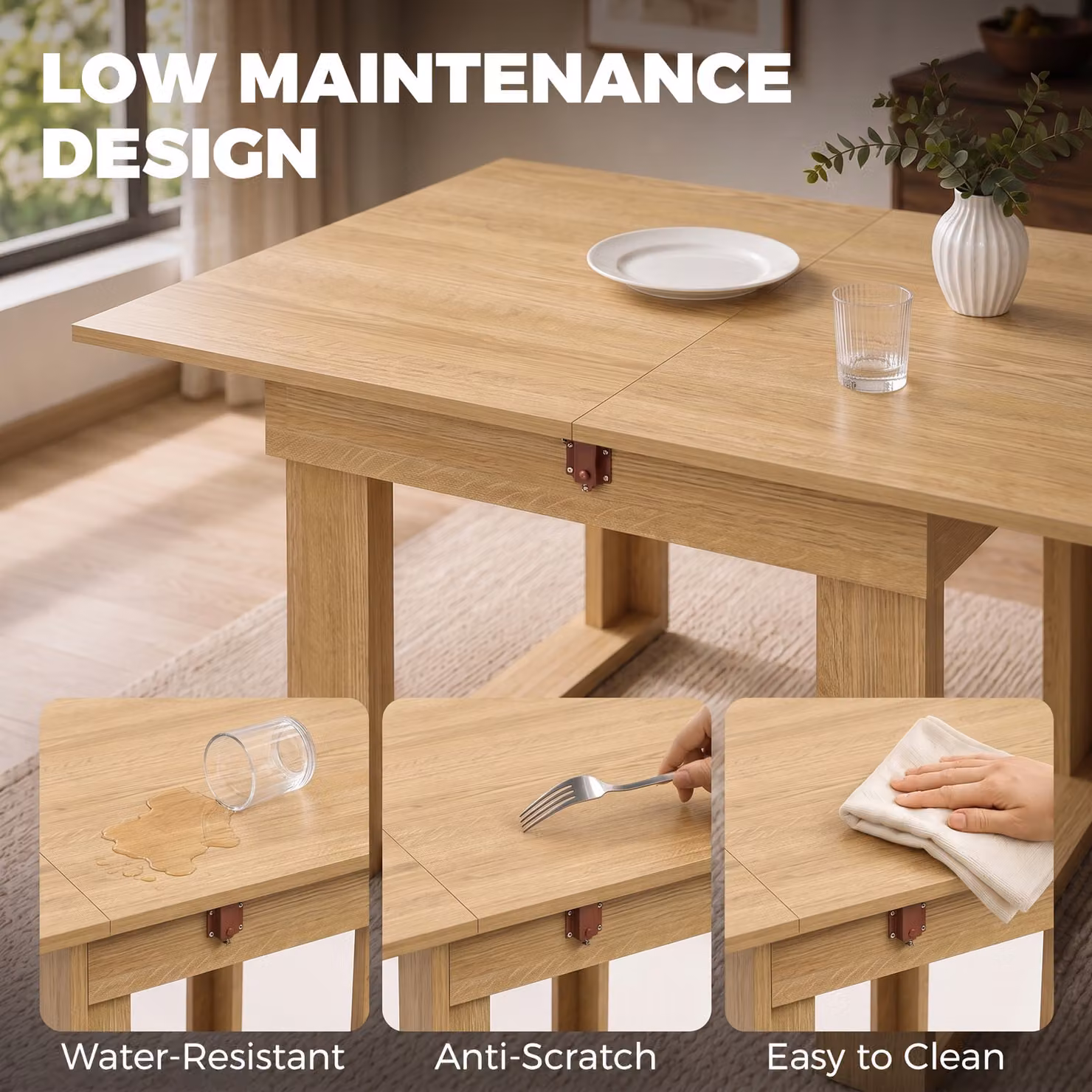 HOMCOM Folding Dining Table with Under-Table Storage in Oak Effect, Brown, W: 140 cm, D: 70 cm, H: 70 cm – 6