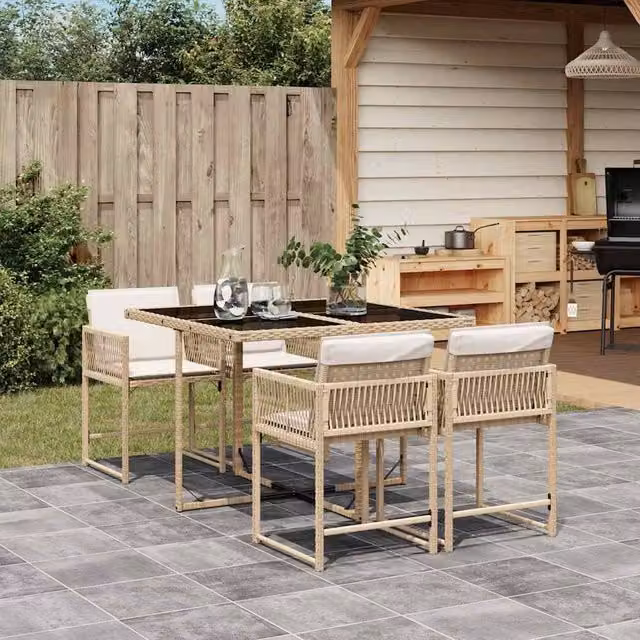 Berkfield Home 5 Piece Garden Dining Set with Beige Cushions and Poly Rattan