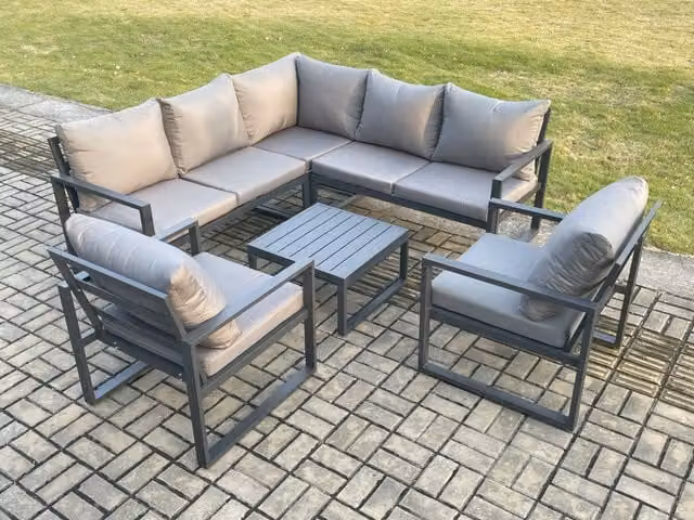 Fimous Modern L-Shape Outdoor Garden Furniture Set in Dark Grey with Powder Coated Aluminium Frame, 2-Seater Sofa, Coffee Table and Cushions