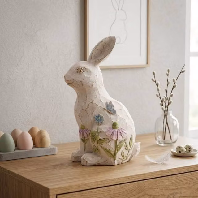 Garden Greatness Rustic Distressed Floral Bunny Tabletop Decoration in White and Multicolour