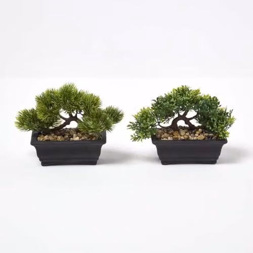 Homescapes Set of 2 Artificial Green Bonsai Trees in Decorative Pots, Height: 15 cm – 1