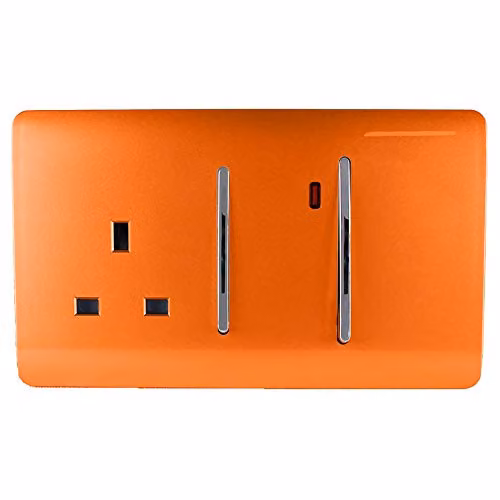 Trendi Switch Screwless Artistic Modern Decorative Glossy 45 A Cooker Switch Control Unit and Single Plug Socket with Neon Indicator in Sunset Orange ART-WHS213OR