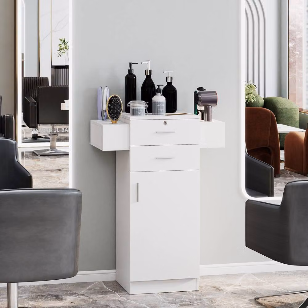 Costway White Locking Beauty Salon Storage Cabinet and Styling Equipment Station with Hinged Doors and Drawers – 3