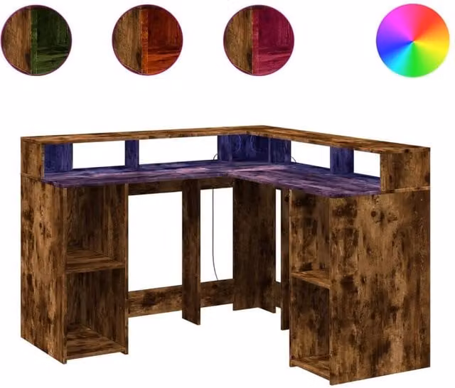 Berkfield Home Corner Desk with LED Lights in Smoked Oak Brown, W/D/H: 130 x 130 x 91 cm – 1