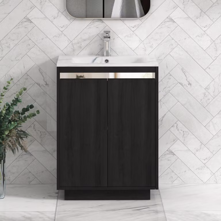 Royal Bathrooms Orion 600mm Floor Standing 2 Door Vanity Unit in Hale Black with Carrara White Basin and Chrome Accent Trim