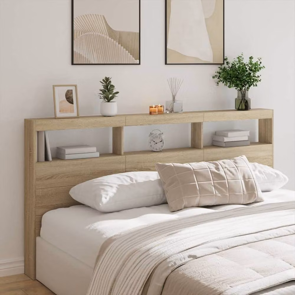 Berkfield Home Modern Headboard Cabinet with LED Lighting and USB Charging Port in Light Oak, W/D/H: 200 x 17 x 102 cm – 2