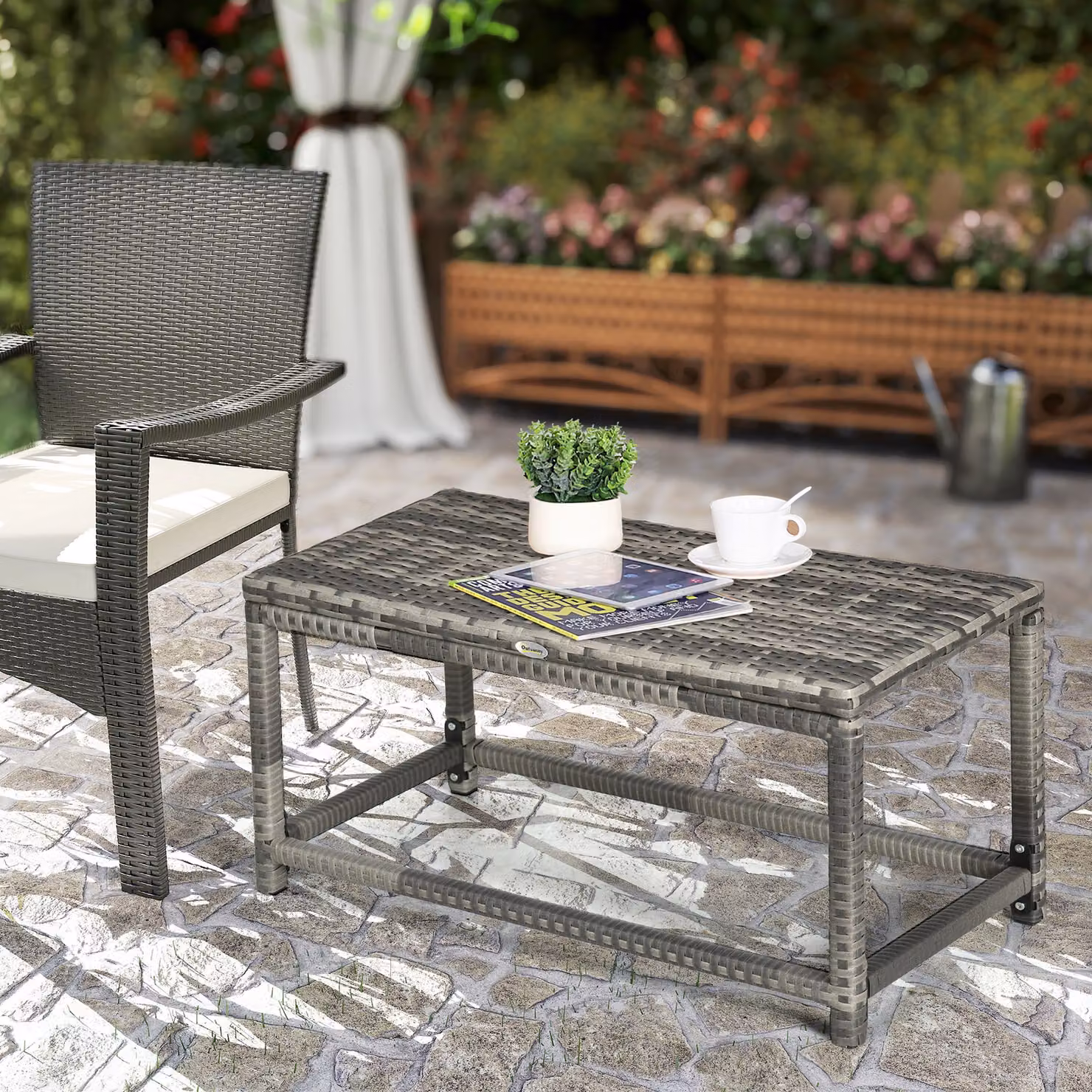 Outsunny Grey Polyrattan Outdoor Coffee Table with X-Shape Support and Underneath Storage – 2