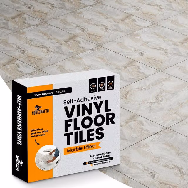 Novecrafto Self Adhesive Vinyl Floor Tiles, Beige Marble Flow Stone Look, 30 Pack, W/D/H: 30.5 x 30.5 x 1.5 cm – 1