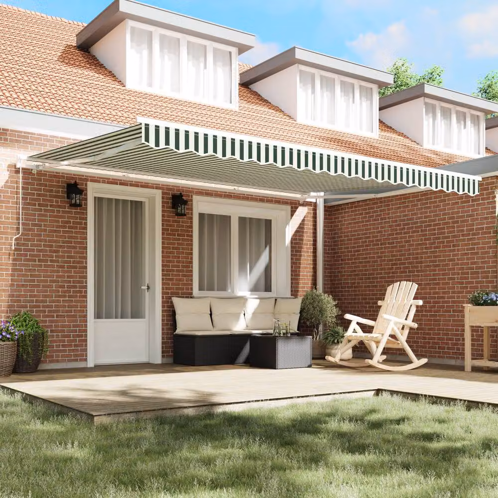 Berkfield Home Manual Retractable Wall-Mounted Awning in Green and White Striped Acrylic Fabric, W: 450 cm, D: 350 cm – 3