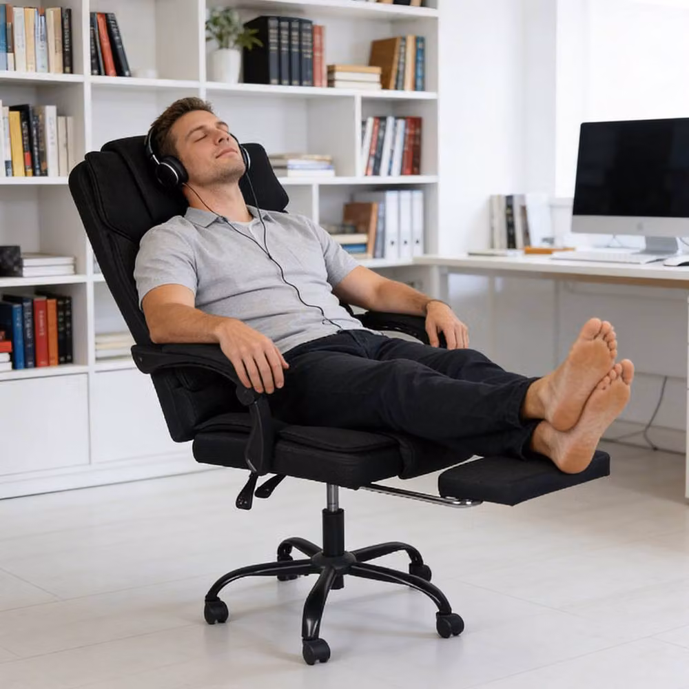 Levede Ergonomic Grey Linen Fabric Office Chair with Footrest, Headrest and 360 Degree Swivel – 3