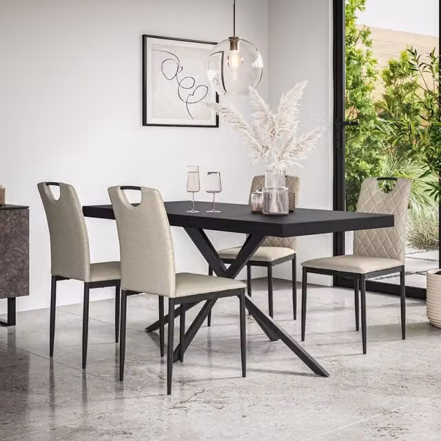 More4Homes Donni Dining Table and Monza Linen Dining Chair Set of 6, Black and Beige – 1