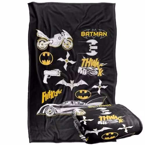LOGOVISION Kids Batman Icons and Gadgets Super Soft Fleece Throw Blanket, Multicolour, W: 91.44 cm x L: 147 cm – 1