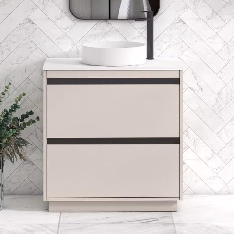 Royal Bathrooms Orion 800mm Warm Taupe Floor Standing 2 Drawer Vanity Unit with Plain White Undrilled Worktop and Black Accent Trim