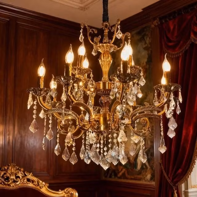 PAWNORA Large 12-Light Suspended Ceiling Pendant Light in Gold and Brass with Crystal Details