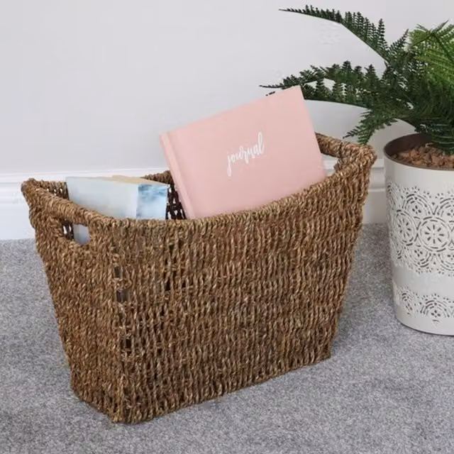 JVL Brown Seagrass Woven Magazine and Newspaper Storage Basket with Handles, W/D/H: 41 x 25 x 20 cm