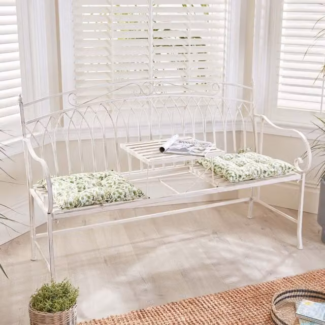 Dibor Vintage Large Cream Arched Metal Garden Bench with Two Green Seat Pad Cushions