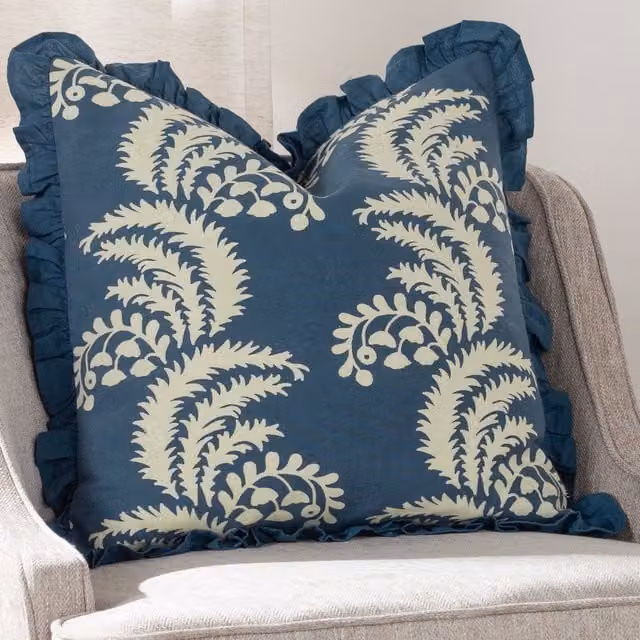 Paoletti Montrose Floral Cotton Square Cushion in Blue, W/D/H: 50 x 50 x 50 cm