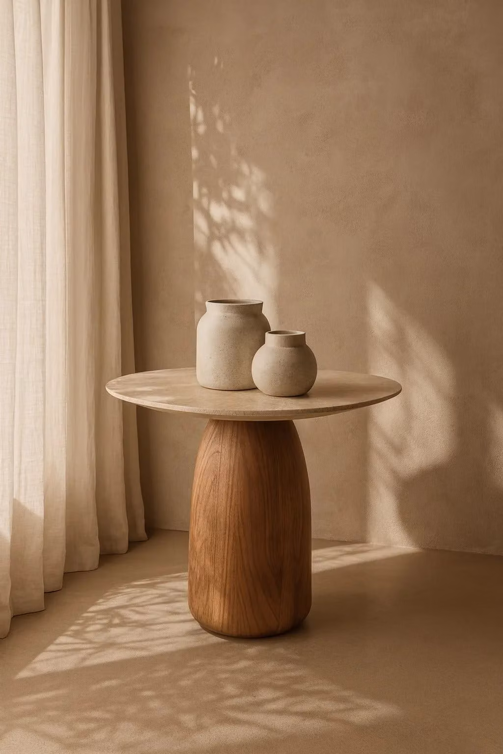 Basilca Side Table by Tommy Franks in Walnut and Natural Travertine Stone
