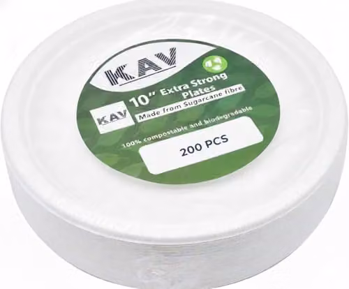 KAV White Biodegradable Bagasse Dinner Plates, Pack of 200, Diameter: 25.4 cm – 1