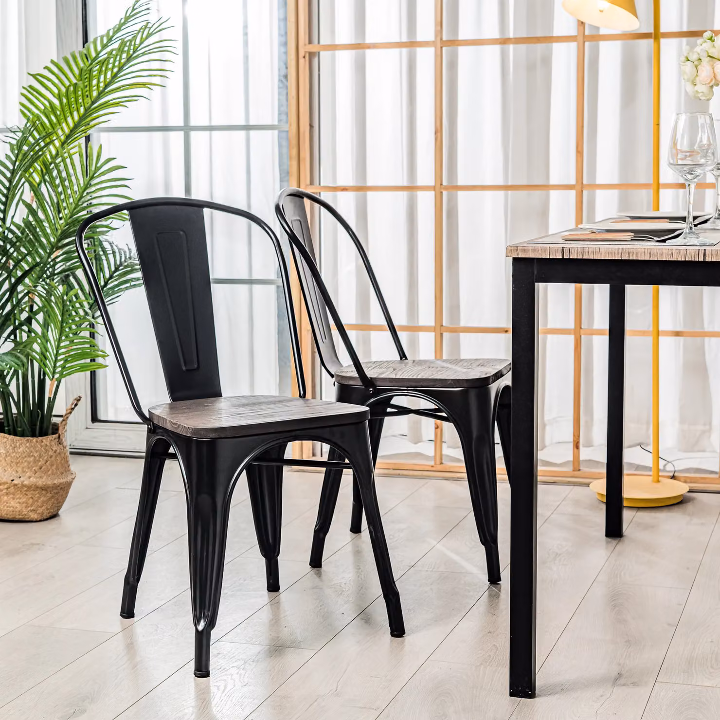 Nordlys Set of 4 Industrial Black Metal and Wood Dining Chairs – 2