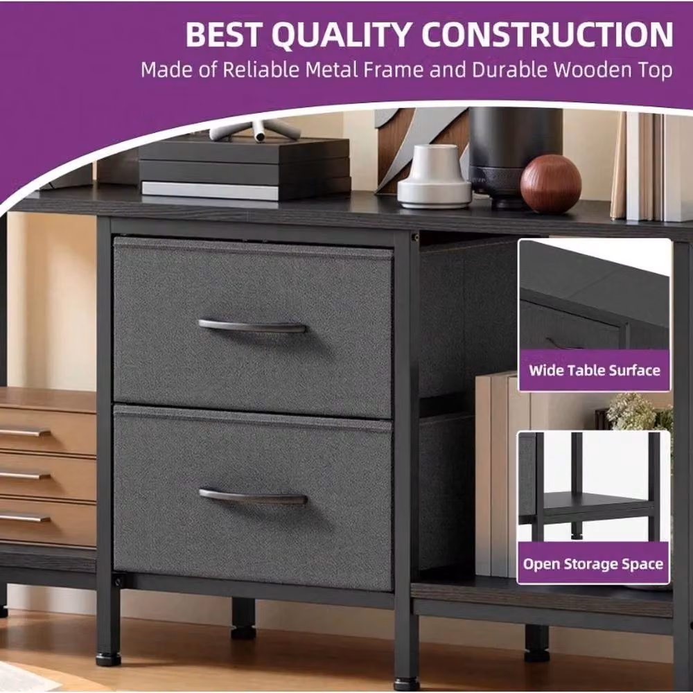 VOGREX Black Modern TV Stand Entertainment Unit with Metal Frame and Fabric Drawers – 4