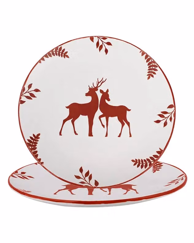 Dibor Set of 8 Cranberry Red Stag Ceramic Christmas Dinner Plates, Diameter: 27 cm – 2
