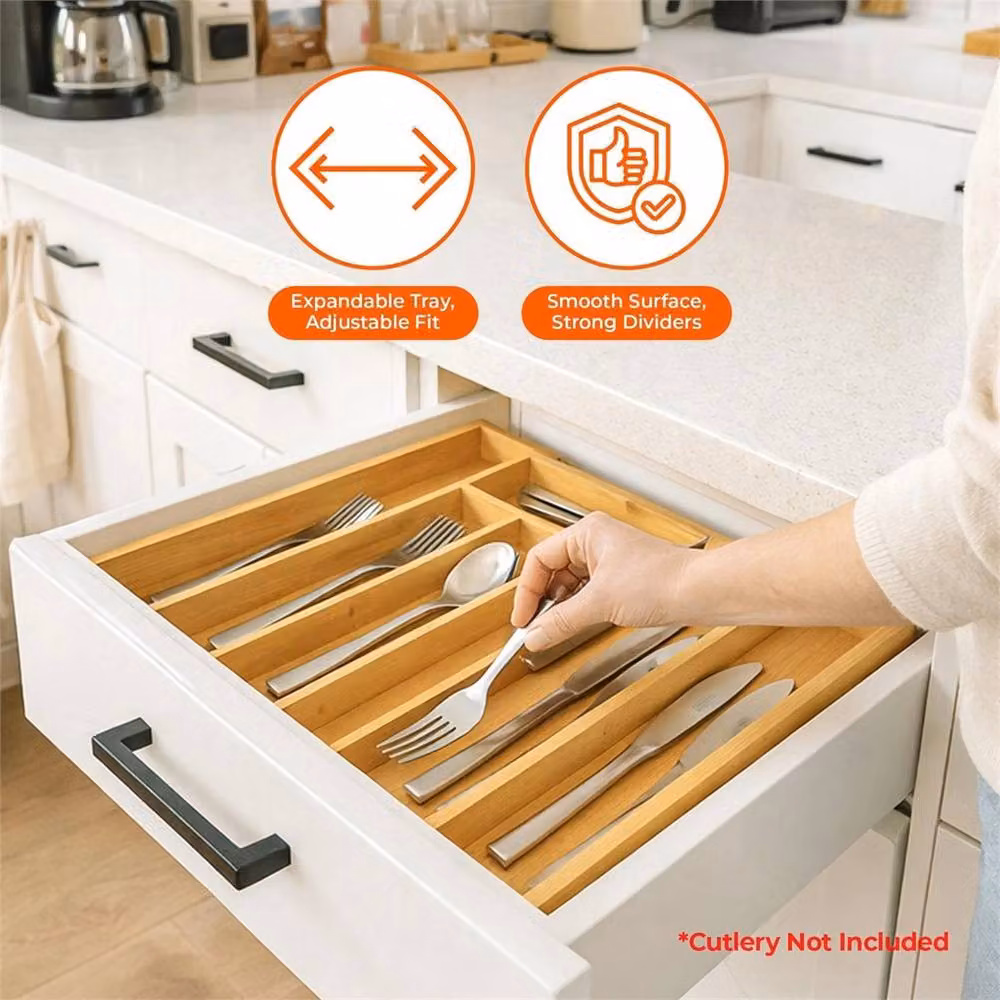 Nordara Expandable Bamboo Cutlery Tray with 5-7 Compartments in Natural Brown – 2