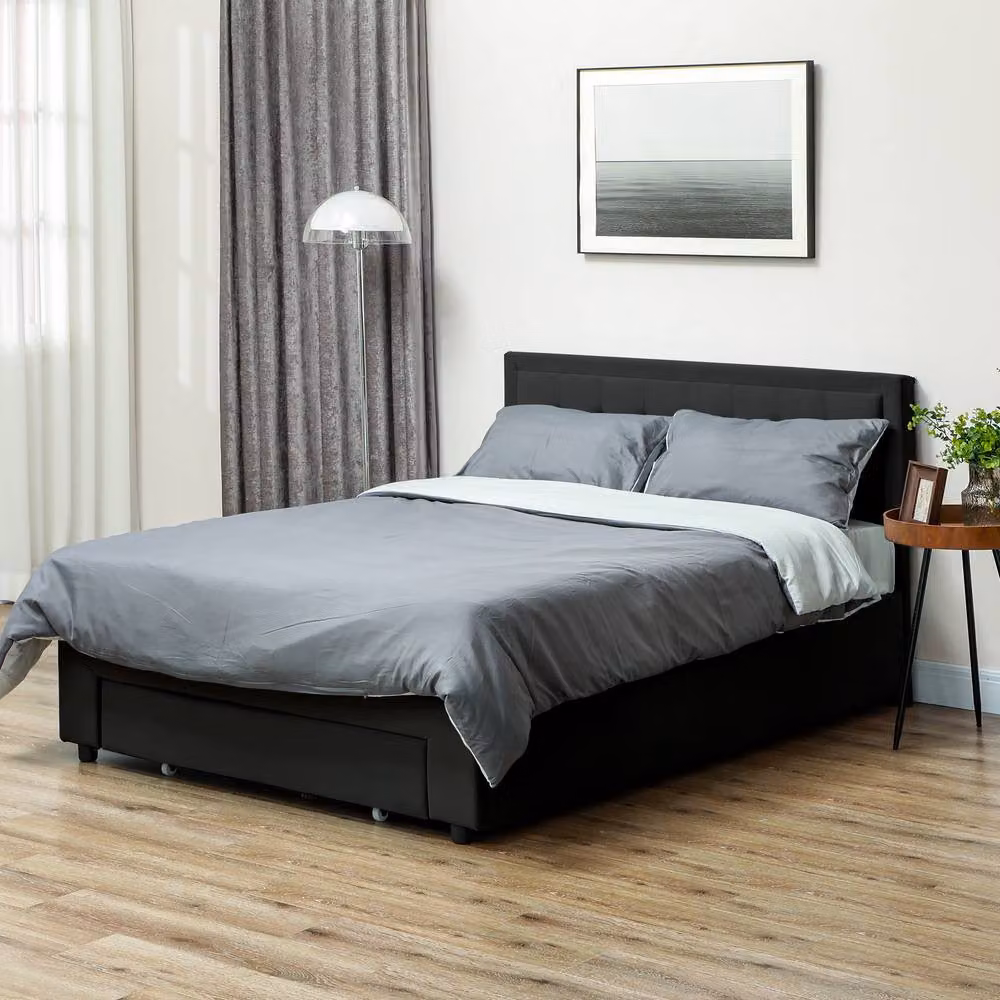 ERGOVEXA Black Velvet Double Ottoman Bed Frame with Lift Up Base and Front Drawer, W: 140 cm, D: 190 cm, H: 104 cm – 4
