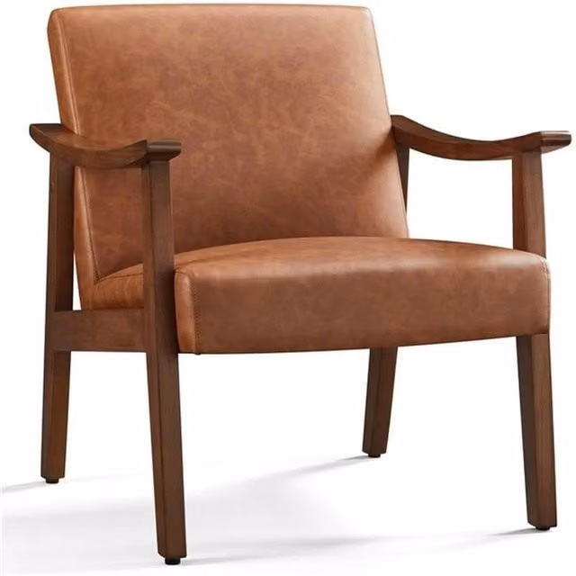 EONLION Mid-Century Faux Leather Upholstered Accent Chair in Brown – 1