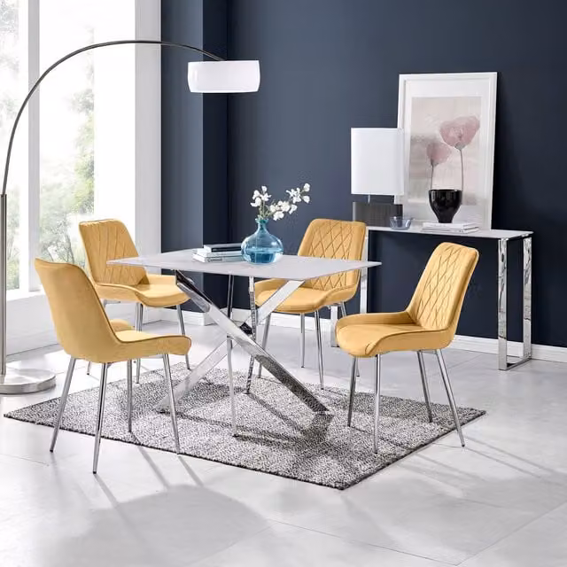 FurnitureboxUK Leonardo White Glass Marble Effect Table with 4 Pesaro Chairs in Mustard
