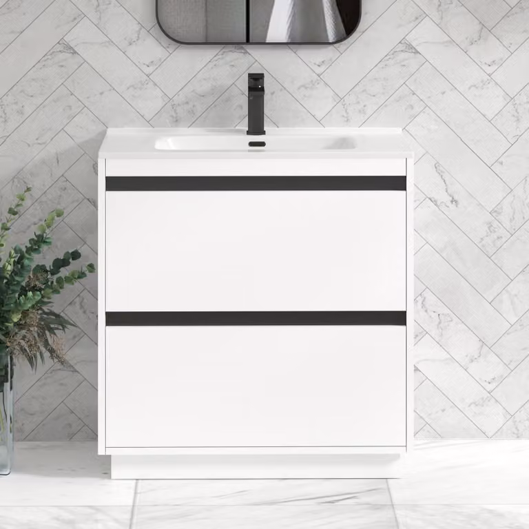 Royal Bathrooms Orion 800mm Matt White 2 Drawer Floor Standing Vanity Unit with Ceramic Basin and Black Accent Trim