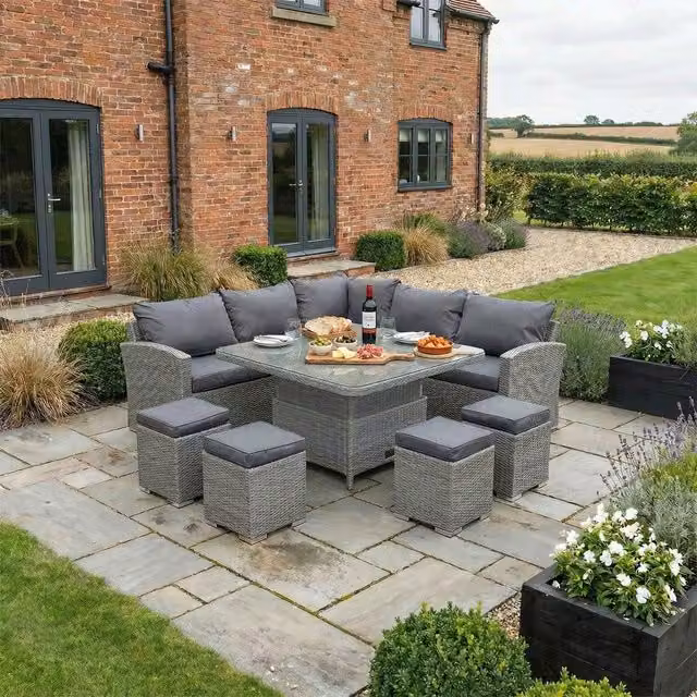 Bracken Outdoors Dakota Corner Sofa Set with Square Height Adjustable Table in Grey Rattan