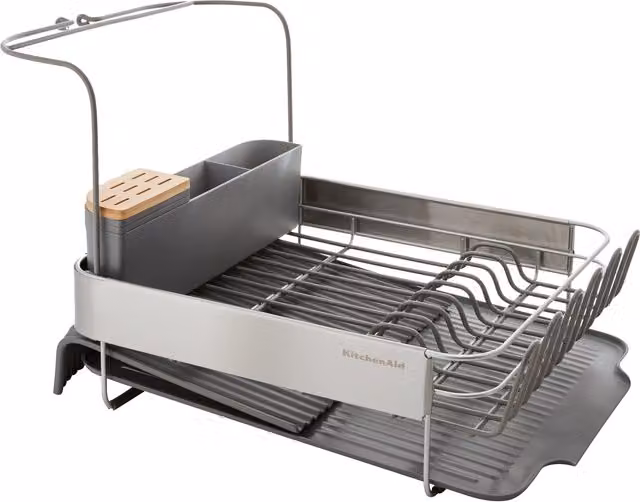 KitchenAid Expandable Stainless Steel Dish-Drying Rack with Cup Holder in Grey