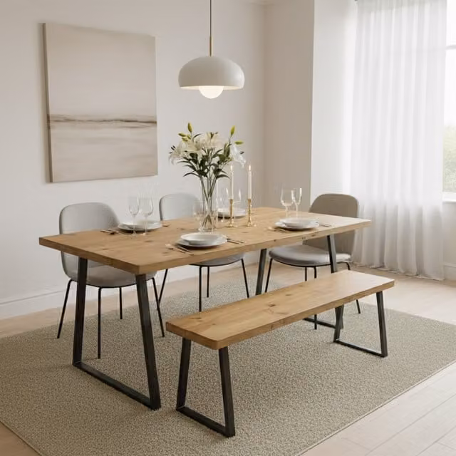 TRL Handmade Furniture Rustic Oak Dining Table and Bench Set in Rugger Brown, W: 200 cm, D: 80 cm