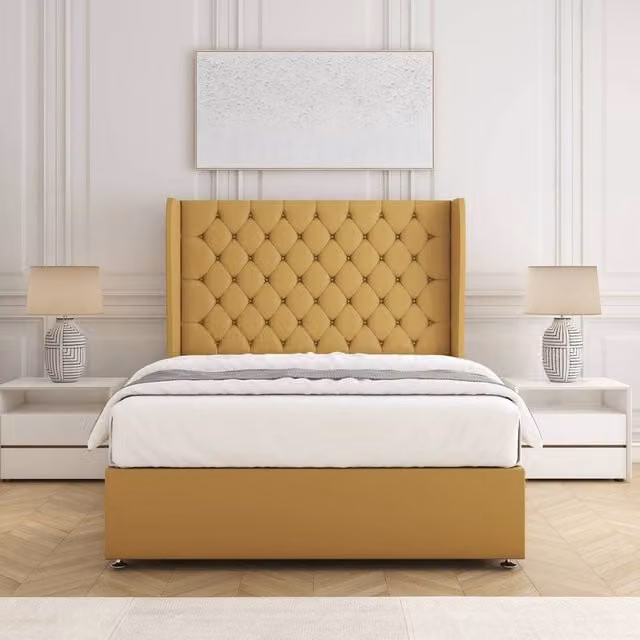 BSSPOKE Amelia Divan Bed Set with 54 inch Headboard and Mattress in Mustard Yellow Plush Velvet, Super King, W/D/H: 200 x 200 cm