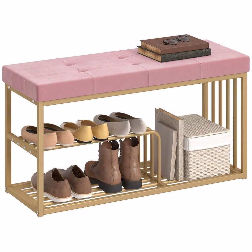 HOMCOM Pink Velvet Tufted Shoe Storage Bench with Seat Cushion – 2
