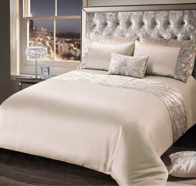 Intimates Luxury Crushed Velvet Diamante Starburst Duvet Cover and Pillowcase Set in Beige, W: 140 cm, L: 200 cm