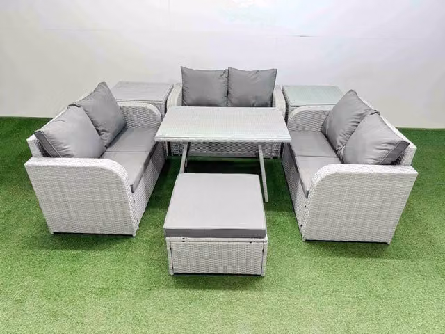 Fimous 7-Seater Patio Set with Rectangular Table, Love Sofa and 2 Side Tables in Light Grey