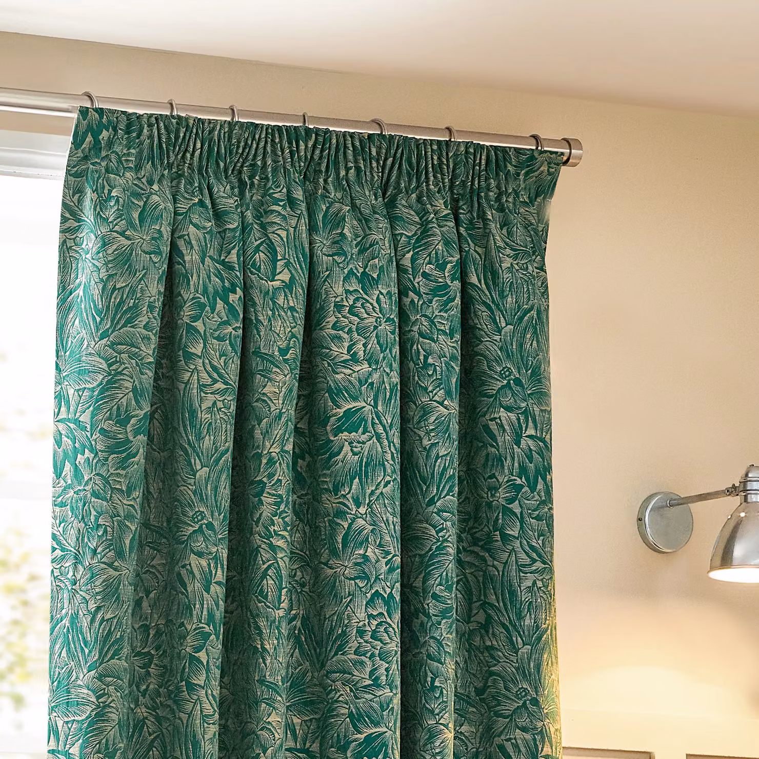 Wylder Nature Grantley Floral Jacquard Pencil Pleat Curtain Pair in Green, Width: 168 cm, Drop: 229 cm – 3