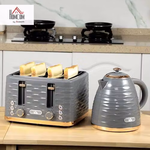 HOMCOM Kettle and 4 Slice Toaster Set in Grey with 1.7L Rapid Boil Kettle and 1600W Toaster featuring Auto Shut-off – 2