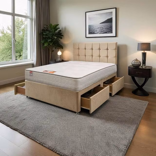 Knight Sleep Modern Upholstered Bed Set with Headboard and Drawers in White and Beige, W/D/H: 140 x 200 cm