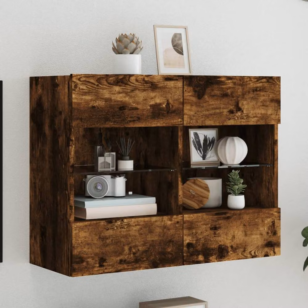 Berkfield Home Modern Wall Mounted TV Cabinet with Integrated LED Lights in Smoked Oak Brown, W: 78.5 cm, D: 30 cm, H: 60.5 cm – 2
