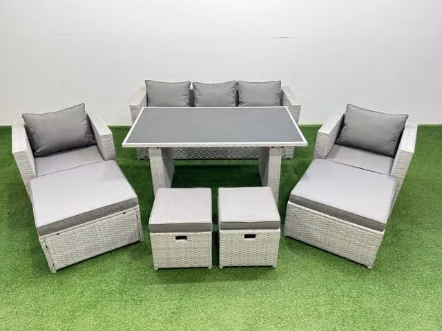 Fimous Modern Patio Garden Furniture Set with Black Glass Top Dining Table and Light Grey Armchairs